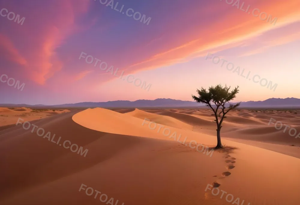 A Desert Landscape With Rolling Sand Dunes A Single Green Tree Standing In The Distance And A Colorful Sky With Shades Of Orange Pink And Purple 7 B3f0