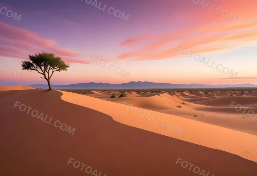 A Desert Landscape With Rolling Sand Dunes A Single Green Tree Standing In The Distance And A Colorful Sky With Shades Of Orange Pink And Purple 8 A637