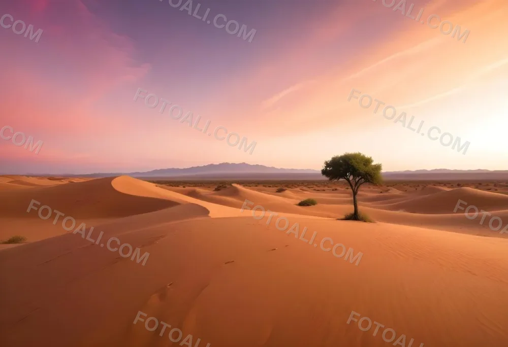A Desert Landscape With Rolling Sand Dunes A Single Green Tree Standing In The Distance And A Colorful Sky With Shades Of Orange Pink And Purple 9 D23b