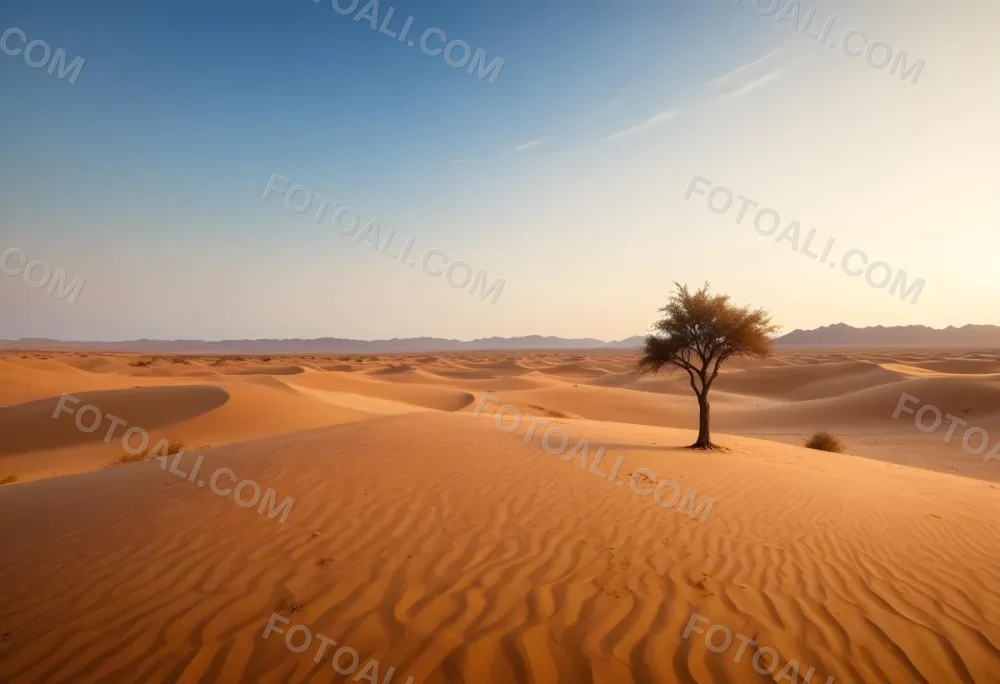 A Desert Landscape With Sand Dunes And A Single Tree In The Distance Clear Sky Warm Color Palette Natural Light Minimalist Composition 10 18b8