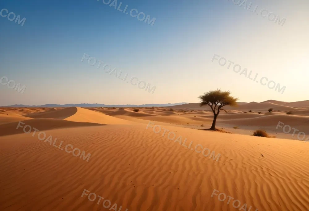 A Desert Landscape With Sand Dunes And A Single Tree In The Distance Clear Sky Warm Color Palette Natural Light Minimalist Composition 14 9940