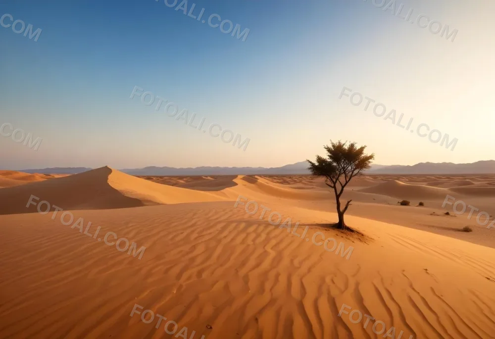 A Desert Landscape With Sand Dunes And A Single Tree In The Distance Clear Sky Warm Color Palette Natural Light Minimalist Composition 16 B05c