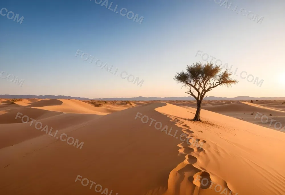 A Desert Landscape With Sand Dunes And A Single Tree In The Distance Clear Sky Warm Color Palette Natural Light Minimalist Composition 18 B014
