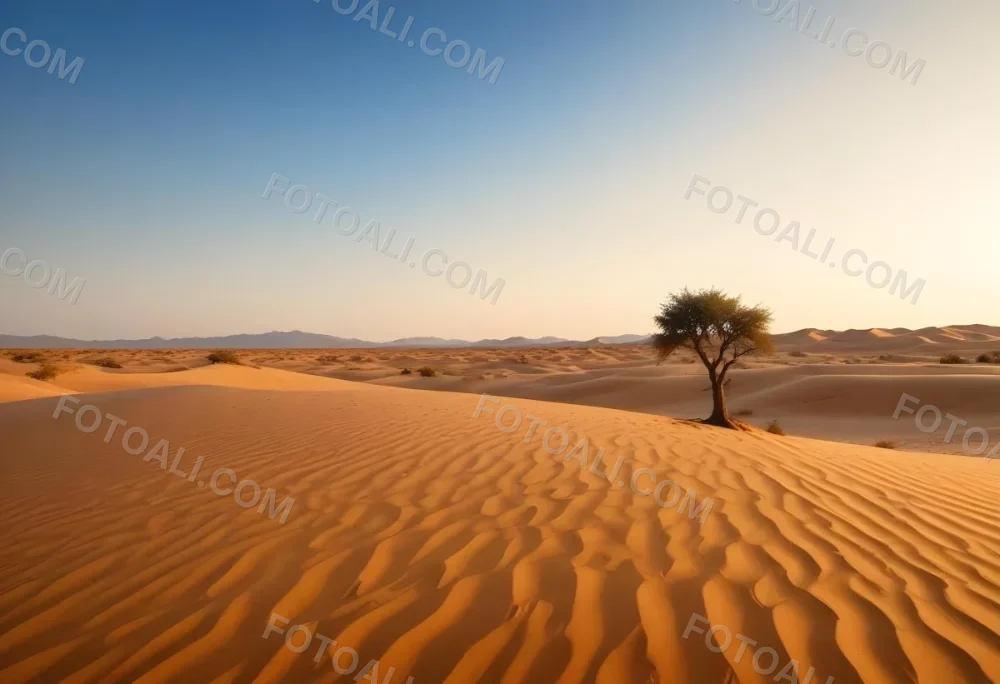 A Desert Landscape With Sand Dunes And A Single Tree In The Distance Clear Sky Warm Color Palette Natural Light Minimalist Composition 24 97a6