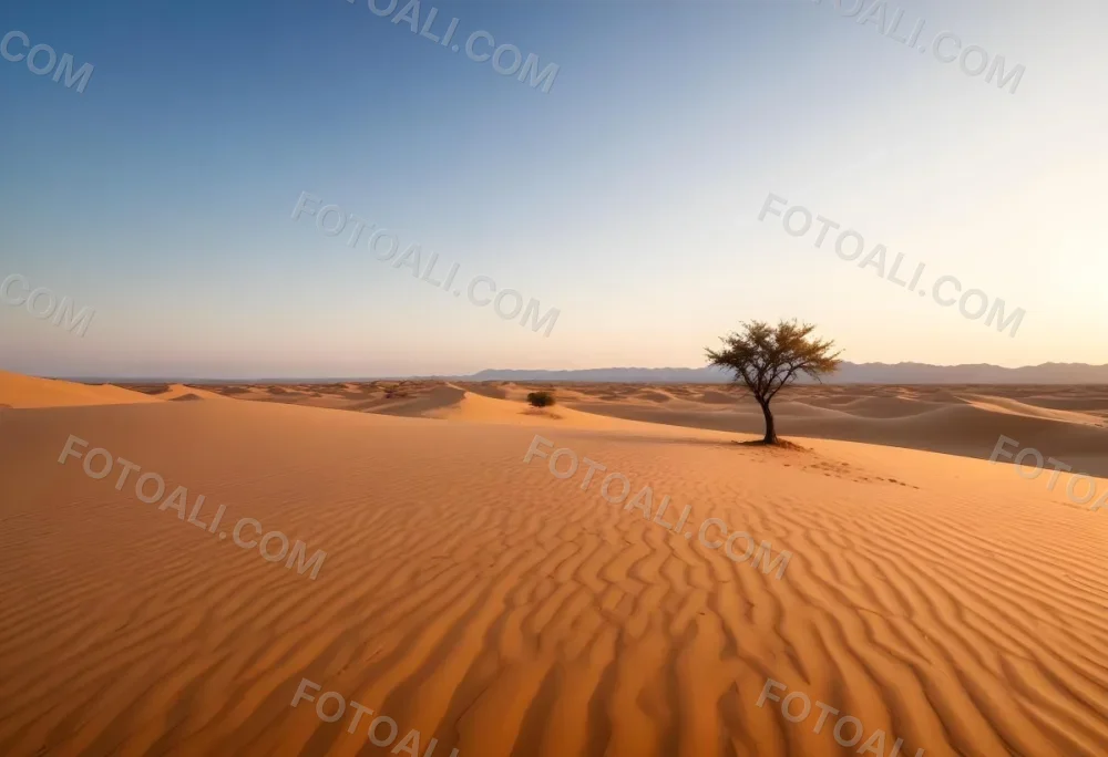 A Desert Landscape With Sand Dunes And A Single Tree In The Distance Clear Sky Warm Color Palette Natural Light Minimalist Composition 26 130d