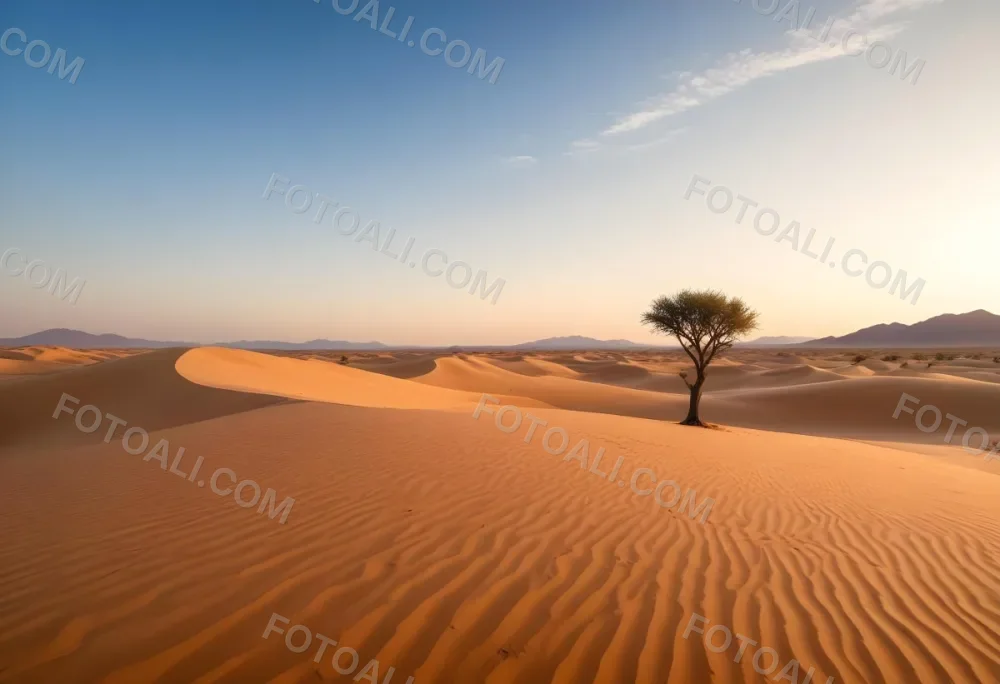 A Desert Landscape With Sand Dunes And A Single Tree In The Distance Clear Sky Warm Color Palette Natural Light Minimalist Composition 28 A8bc