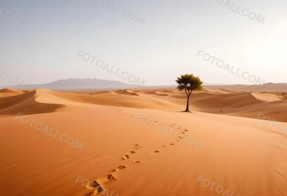 A Desert Landscape With Sand Dunes And A Single Tree In The Distance Clear Sky Warm Color Palette Natural Light Minimalist Composition 35 A735