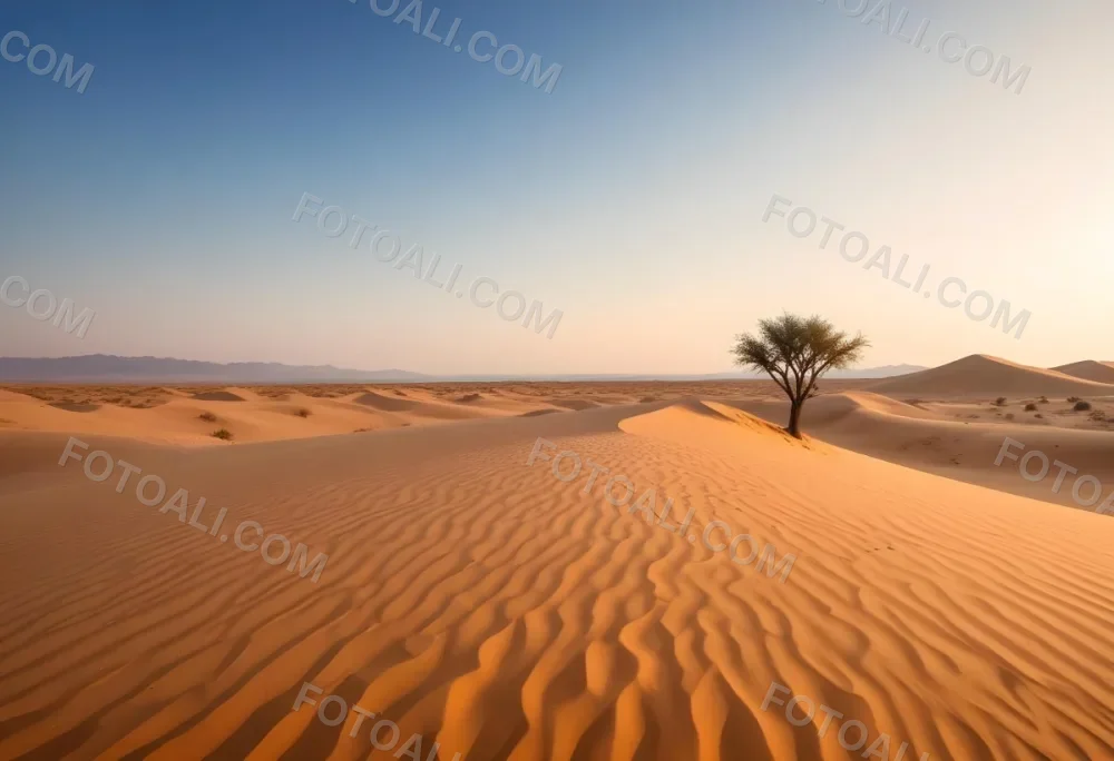 A Desert Landscape With Sand Dunes And A Single Tree In The Distance Clear Sky Warm Color Palette Natural Light Minimalist Composition 36 9475