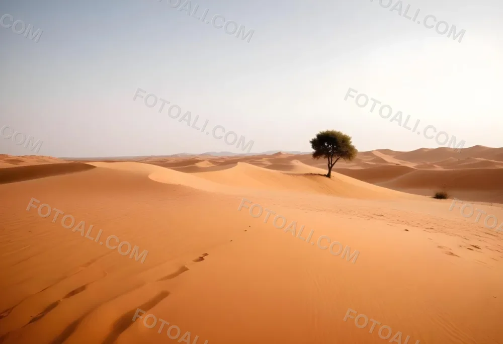 A Desert Landscape With Sand Dunes And A Single Tree In The Distance Clear Sky Warm Color Palette Natural Light Minimalist Composition 37 C47f