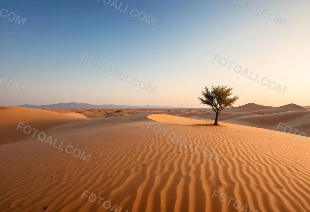 A Desert Landscape With Sand Dunes And A Single Tree In The Distance Clear Sky Warm Color Palette Natural Light Minimalist Composition 38 4078