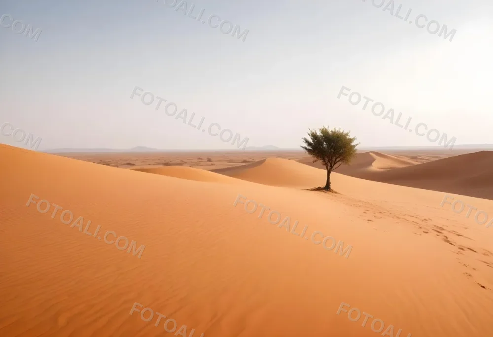 A Desert Landscape With Sand Dunes And A Single Tree In The Distance Clear Sky Warm Color Palette Natural Light Minimalist Composition 39 958d