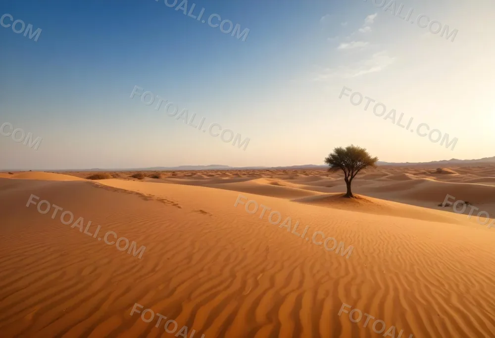 A Desert Landscape With Sand Dunes And A Single Tree In The Distance Clear Sky Warm Color Palette Natural Light Minimalist Composition 4 9785