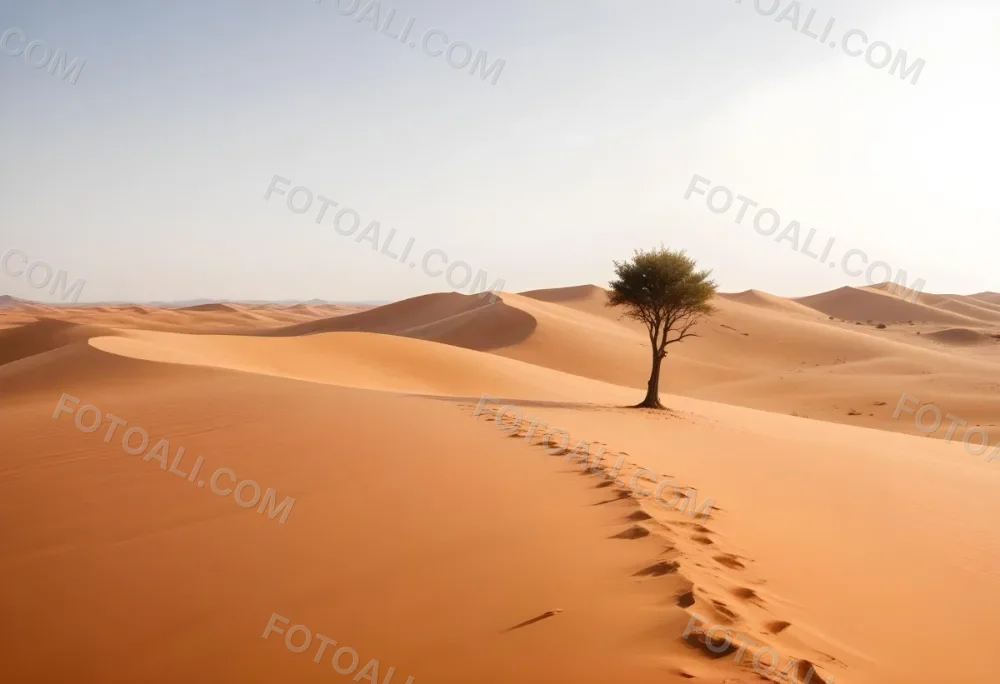 A Desert Landscape With Sand Dunes And A Single Tree In The Distance Clear Sky Warm Color Palette Natural Light Minimalist Composition 41 Feca