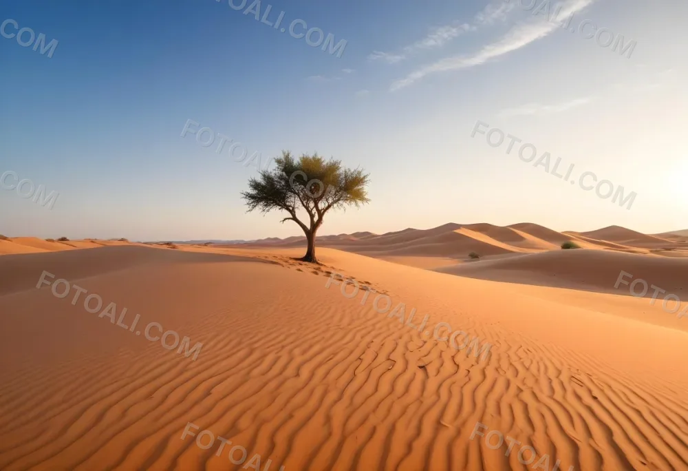 A Desert Landscape With Sand Dunes And A Single Tree In The Distance Clear Sky Warm Color Palette Natural Light Minimalist Composition 5 3ca5