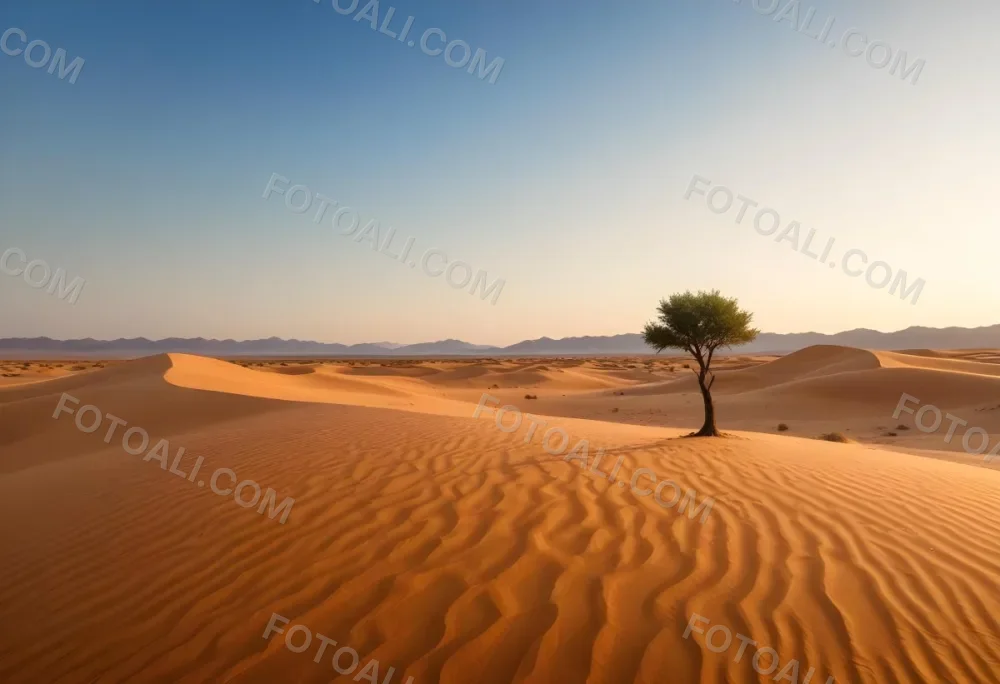 A Desert Landscape With Sand Dunes And A Single Tree In The Distance Clear Sky Warm Color Palette Natural Light Minimalist Composition 6 C3f1