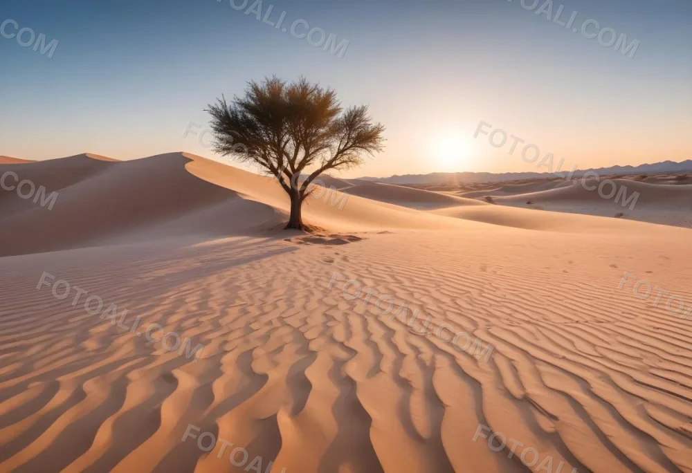 A Desert Landscape With Sand Dunes And A Single Tree In The Distance Clear Sky Warm Color Palette Natural Light Minimalist Composition 7 688a