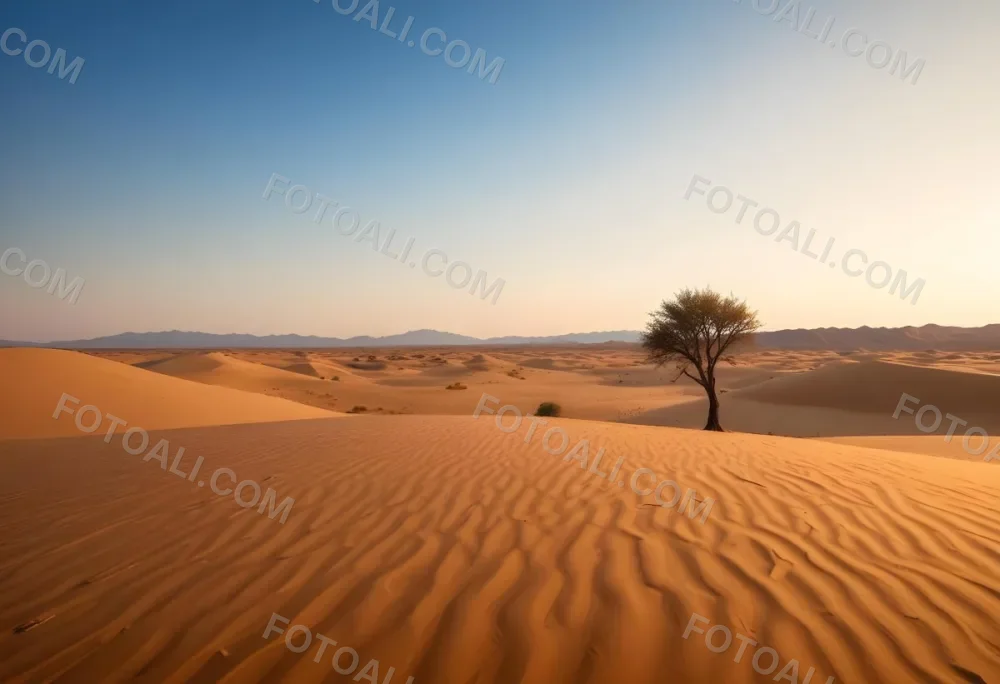 A Desert Landscape With Sand Dunes And A Single Tree In The Distance Clear Sky Warm Color Palette Natural Light Minimalist Composition 8 6e38