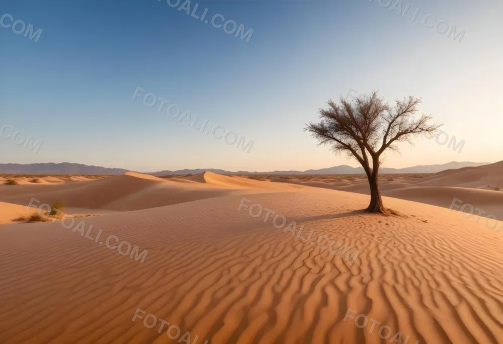 A Desert Landscape With Sand Dunes And A Single Tree In The Distance Clear Sky Warm Color Palette Natural Light Minimalist Composition 9 31bc