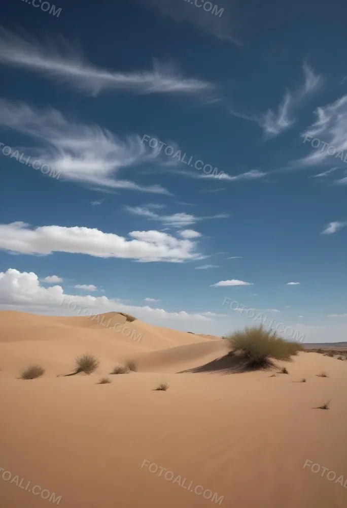 A Desert Landscape With Sand Dunes And Sparse Vegetation Under A Bright Blue Sky With Wispy Clouds Arid Environment 32 5824