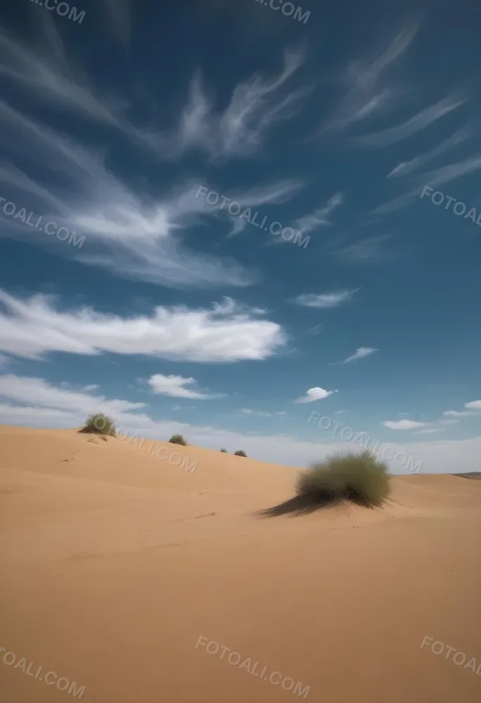 A Desert Landscape With Sand Dunes And Sparse Vegetation Under A Bright Blue Sky With Wispy Clouds Arid Environment 34 3042