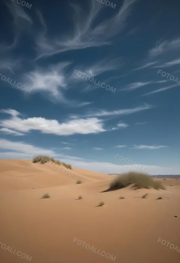 A Desert Landscape With Sand Dunes And Sparse Vegetation Under A Bright Blue Sky With Wispy Clouds Arid Environment 35 Dab0
