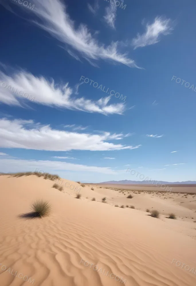 A Desert Landscape With Sand Dunes And Sparse Vegetation Under A Bright Blue Sky With Wispy Clouds Arid Environment 38 5642
