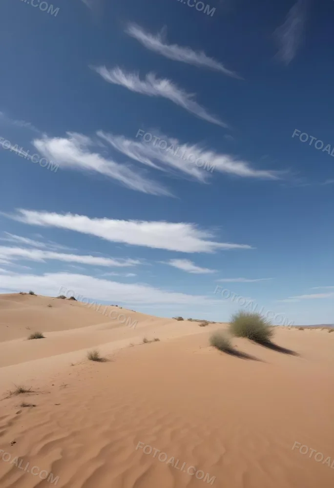 A Desert Landscape With Sand Dunes And Sparse Vegetation Under A Bright Blue Sky With Wispy Clouds Arid Environment 43 Dbd2