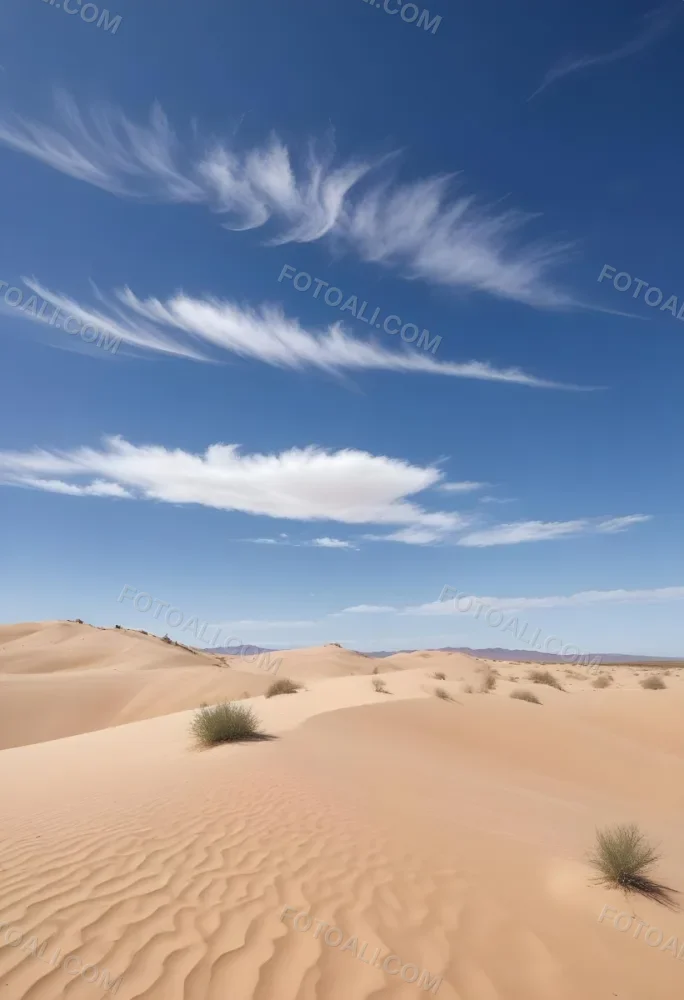 A Desert Landscape With Sand Dunes And Sparse Vegetation Under A Bright Blue Sky With Wispy Clouds Arid Environment 47 Efa7
