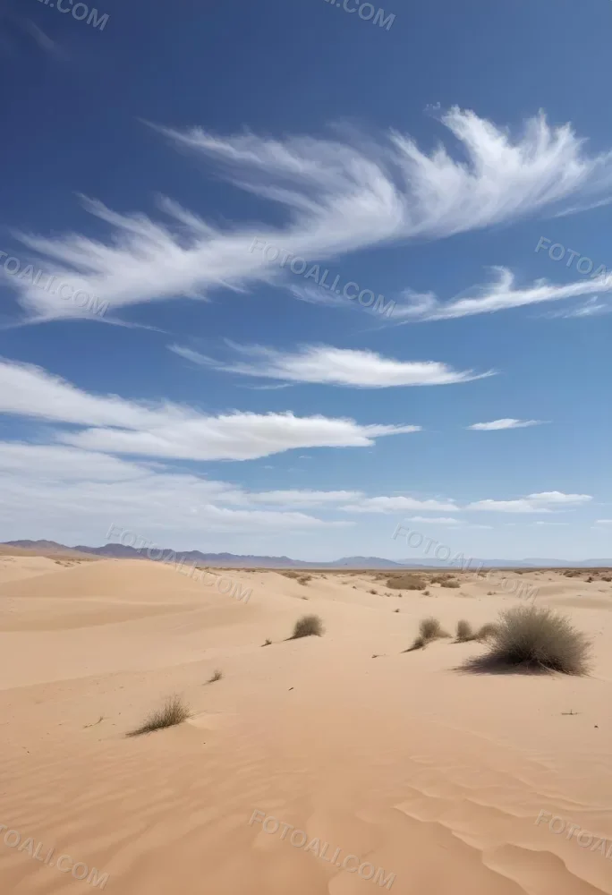 A Desert Landscape With Sand Dunes And Sparse Vegetation Under A Bright Blue Sky With Wispy Clouds Arid Environment 58 0ddf
