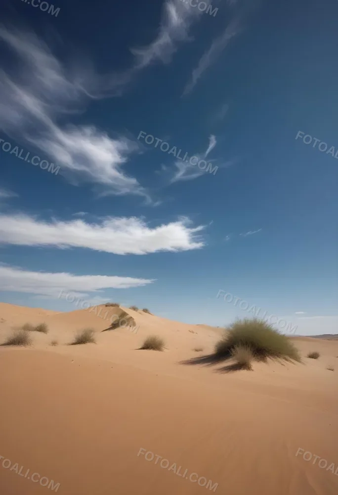 A Desert Landscape With Sand Dunes And Sparse Vegetation Under A Bright Blue Sky With Wispy Clouds Arid Environment 63 F870