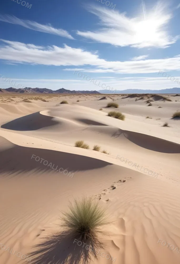 A Desert Landscape With Sand Dunes And Sparse Vegetation Under A Bright Blue Sky With Wispy Clouds Arid Environment 78 9e9e