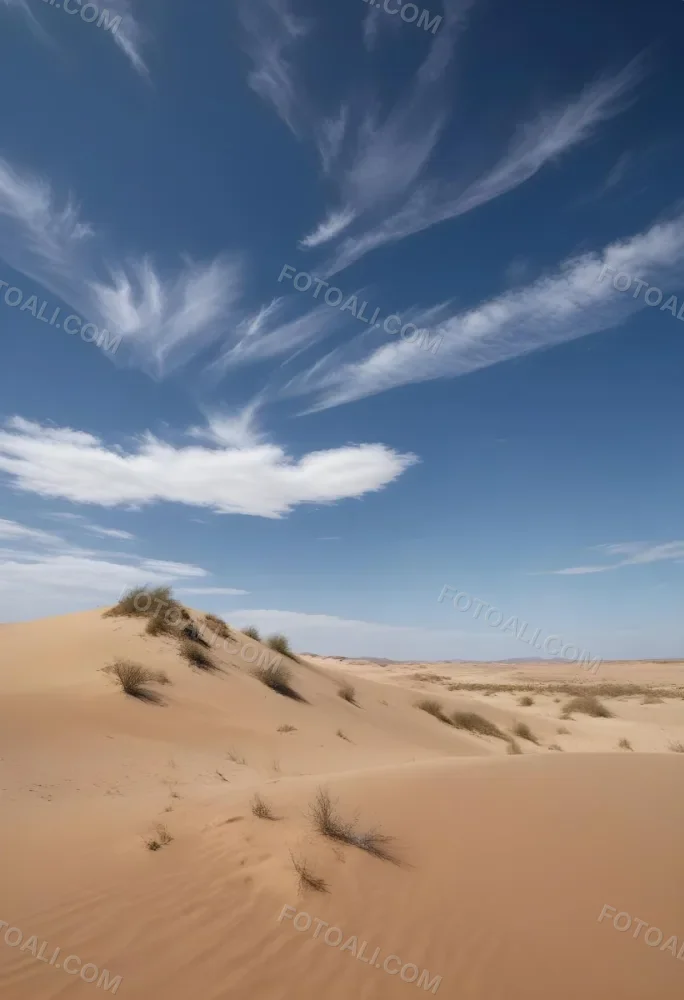 A Desert Landscape With Sand Dunes And Sparse Vegetation Under A Bright Blue Sky With Wispy Clouds Arid Environment 79 810b