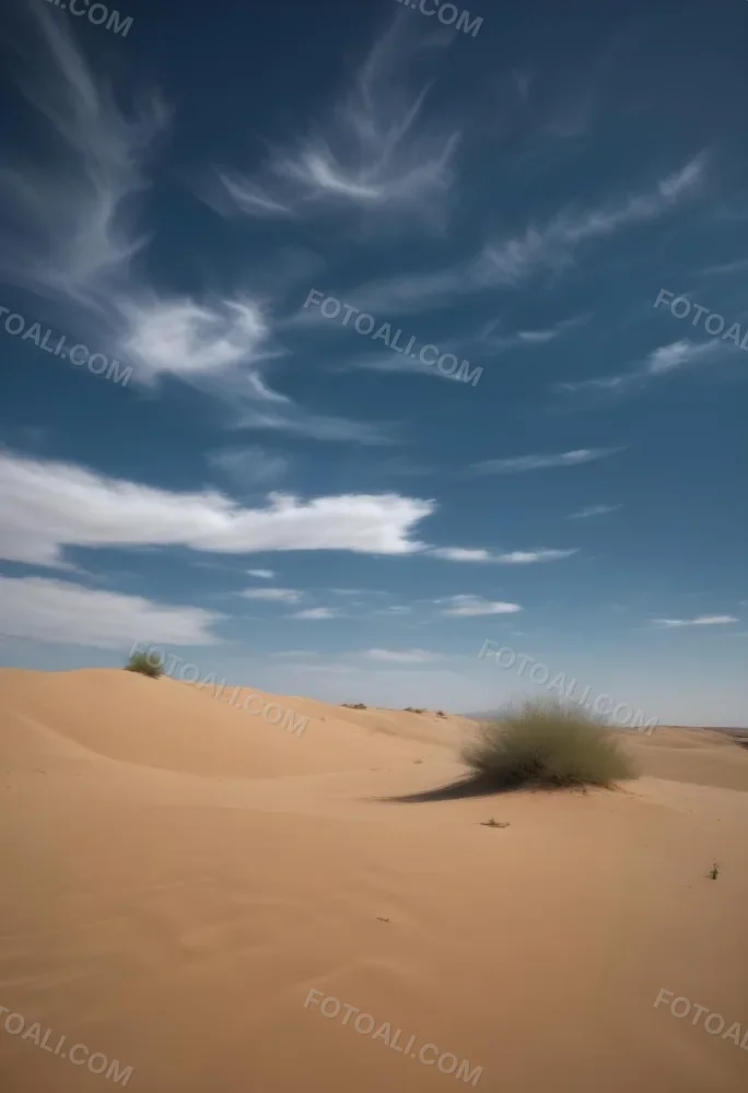 A Desert Landscape With Sand Dunes And Sparse Vegetation Under A Bright Blue Sky With Wispy Clouds Arid Environment 8 E4f3