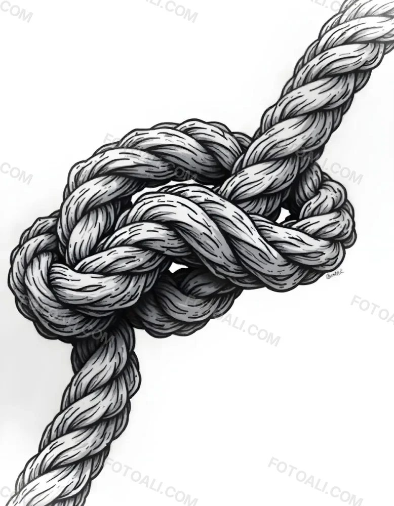A Detailed Drawing Of A Rope Tied In A Knot Showcasing The Intricate Texture And Form Of The Intertwined Strands On White Background 11 D704