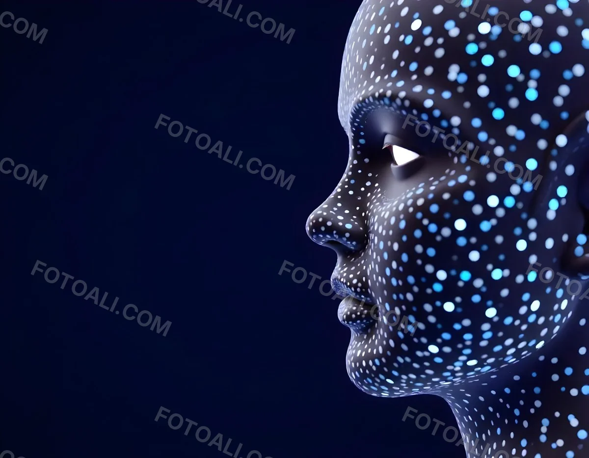 A Digital Face Made Of Blue Dots The Face Is In The Right Side Of The Image Dark Blue Background 14 3553