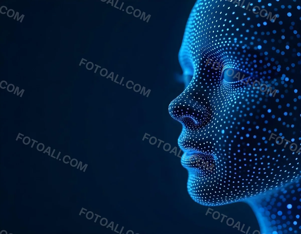A Digital Face Made Of Blue Dots The Face Is In The Right Side Of The Image Dark Blue Background 19 2161