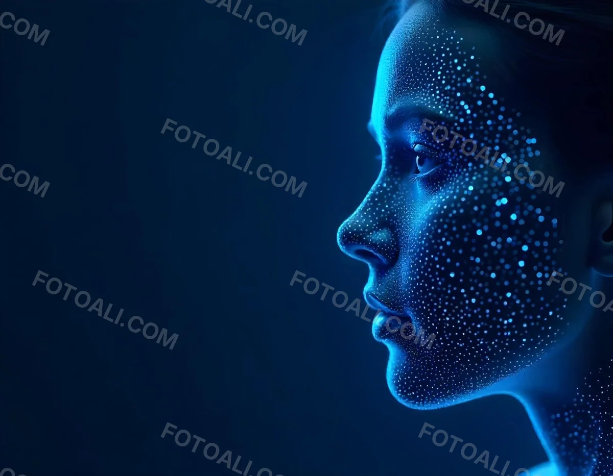 A Digital Face Made Of Blue Dots The Face Is In The Right Side Of The Image Dark Blue Background 21 1199