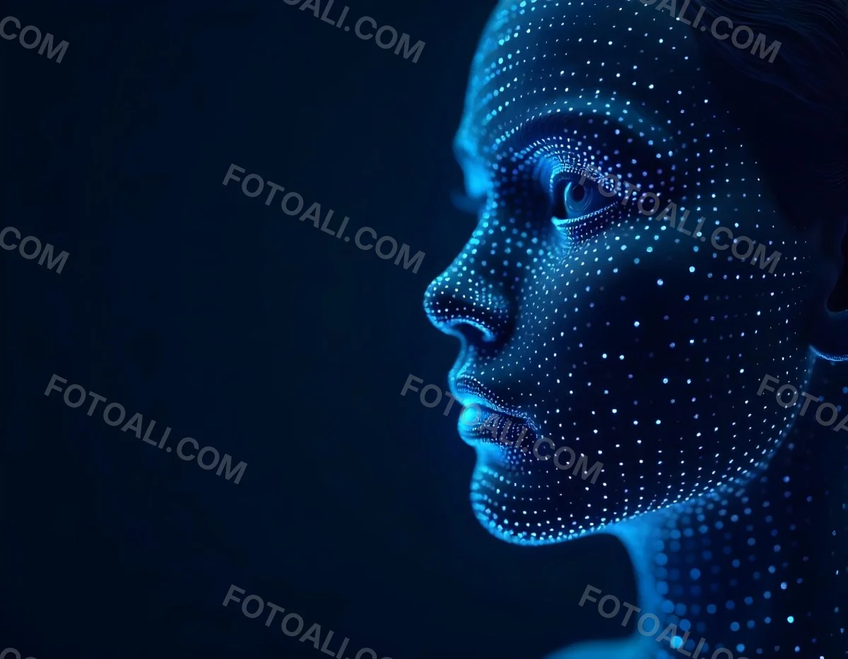 A Digital Face Made Of Blue Dots The Face Is In The Right Side Of The Image Dark Blue Background 25 9103