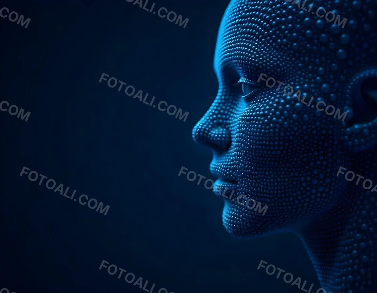 A Digital Face Made Of Blue Dots The Face Is In The Right Side Of The Image Dark Blue Background 29 Ac83