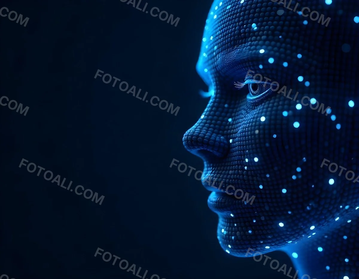 A Digital Face Made Of Blue Dots The Face Is In The Right Side Of The Image Dark Blue Background 3 8d11