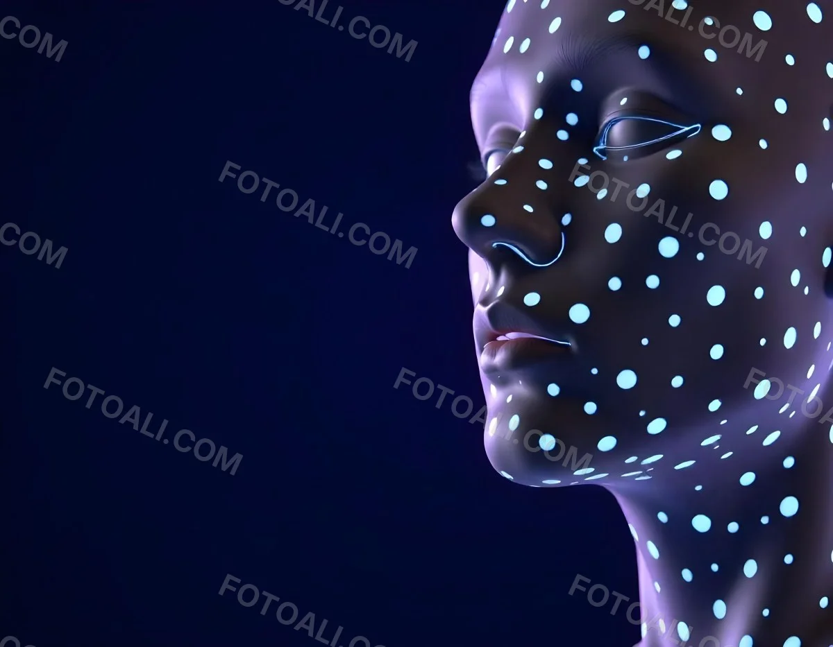 A Digital Face Made Of Blue Dots The Face Is In The Right Side Of The Image Dark Blue Background 30 1abe