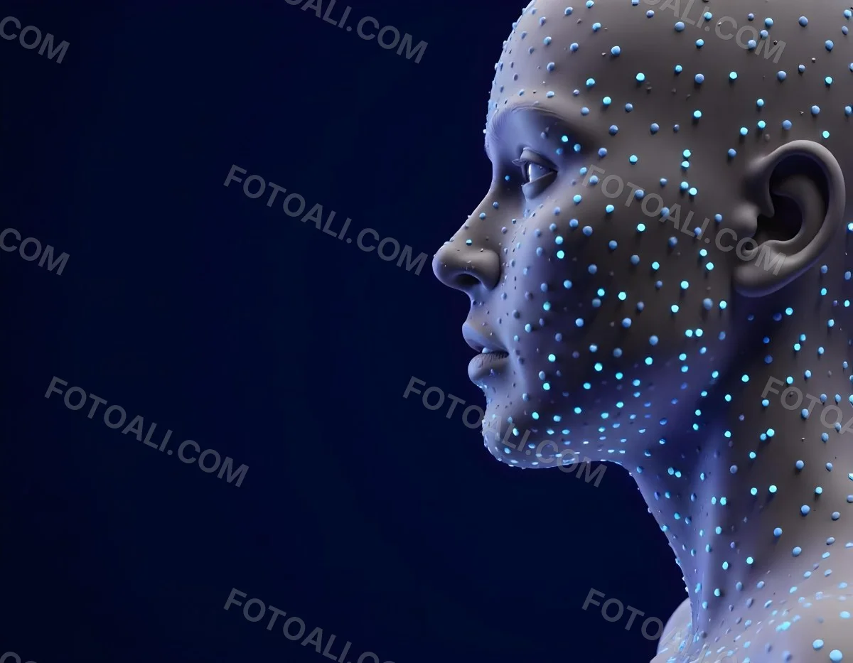 A Digital Face Made Of Blue Dots The Face Is In The Right Side Of The Image Dark Blue Background 31 582c