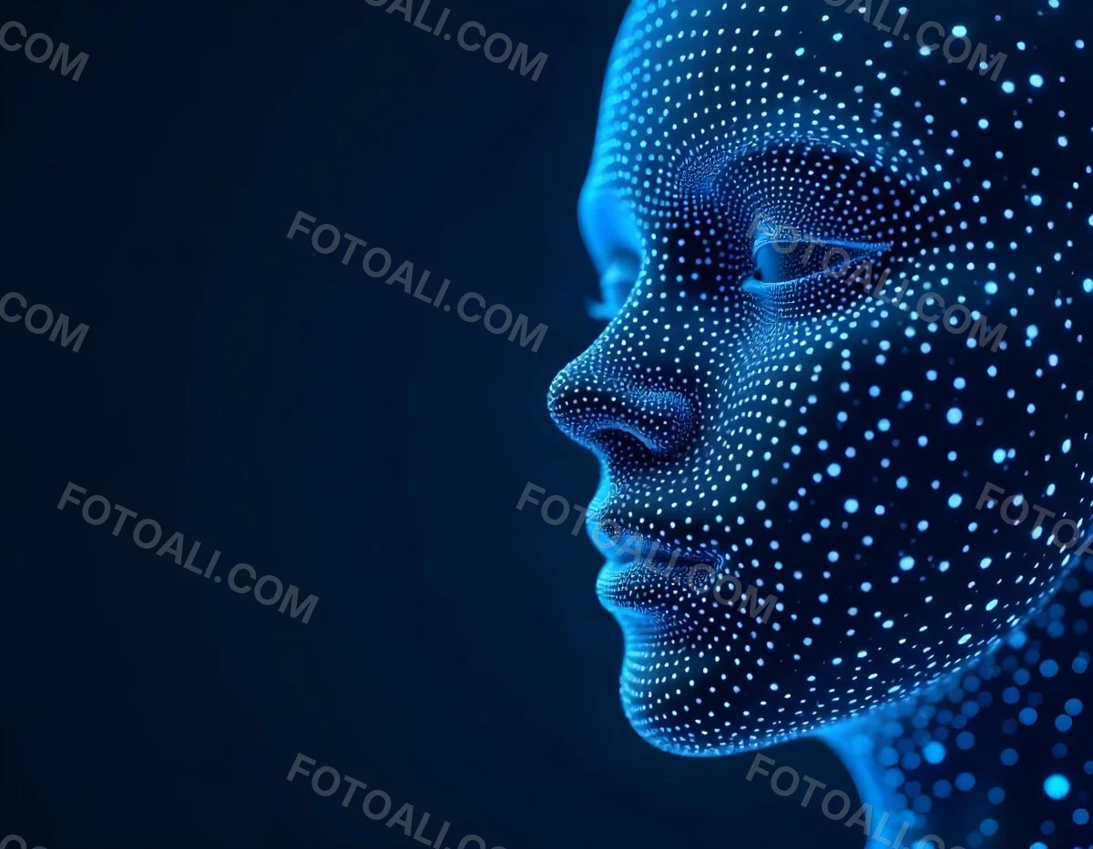 A Digital Face Made Of Blue Dots The Face Is In The Right Side Of The Image Dark Blue Background 5 62e9