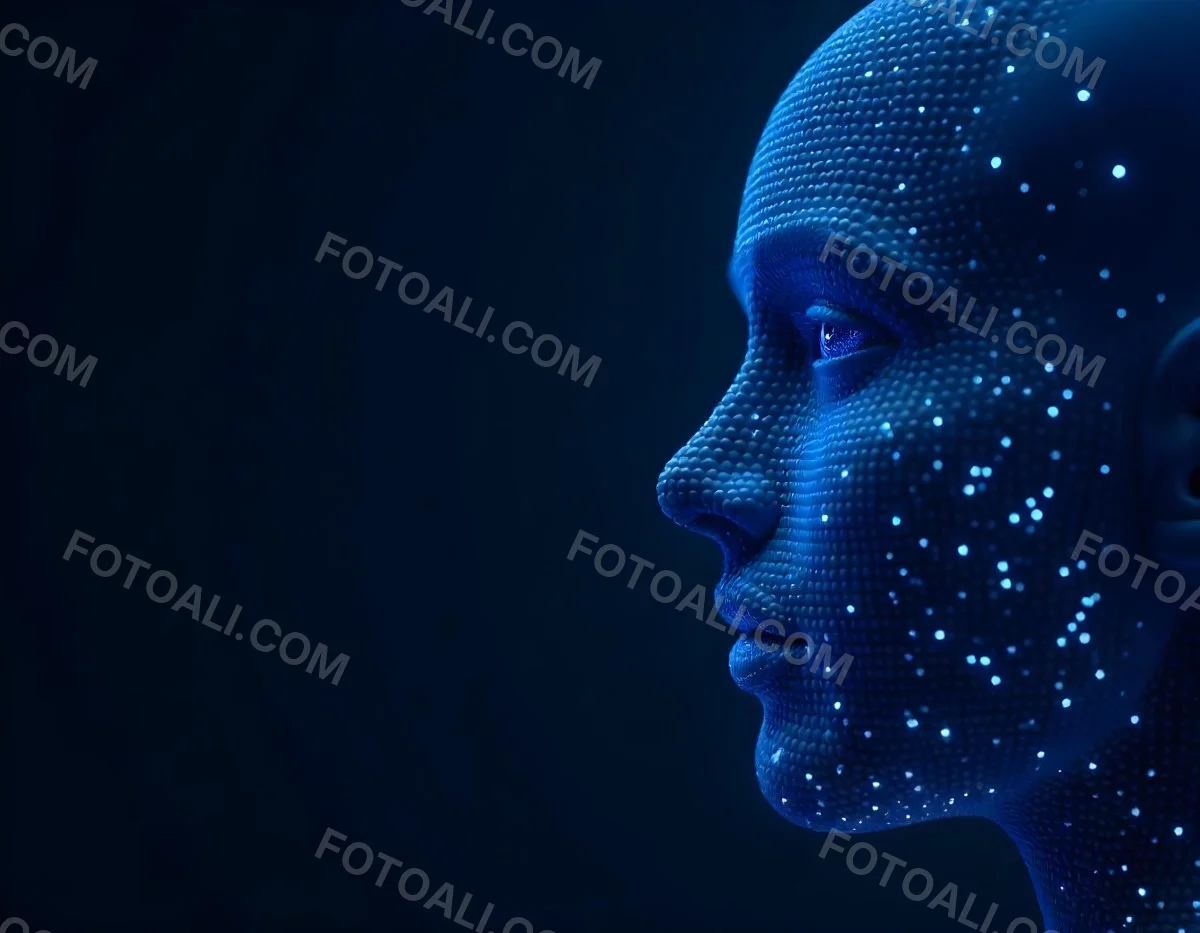 A Digital Face Made Of Blue Dots The Face Is In The Right Side Of The Image Dark Blue Background 7 765a
