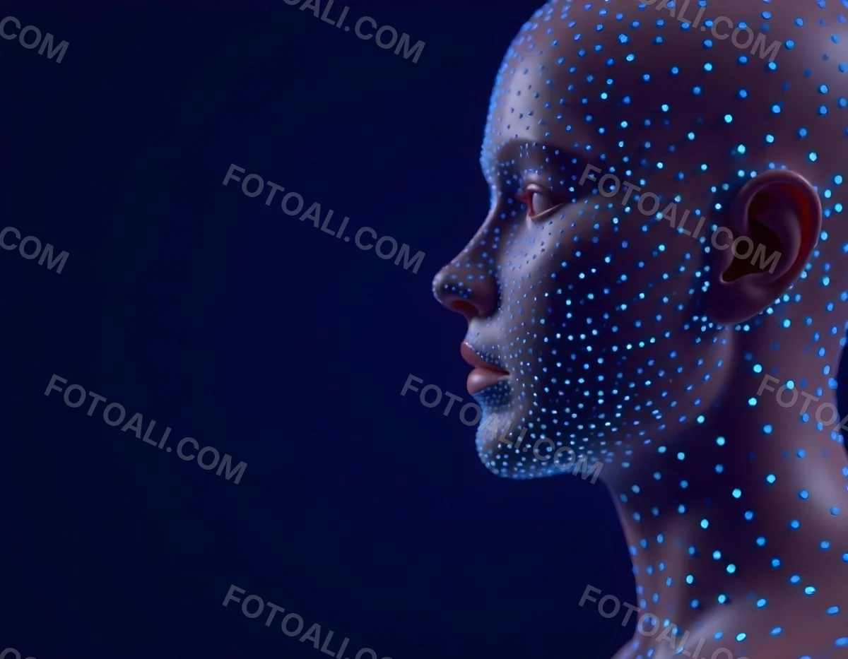 A Digital Face Made Of Blue Dots The Face Is In The Right Side Of The Image Dark Blue Background 8 Ac8f