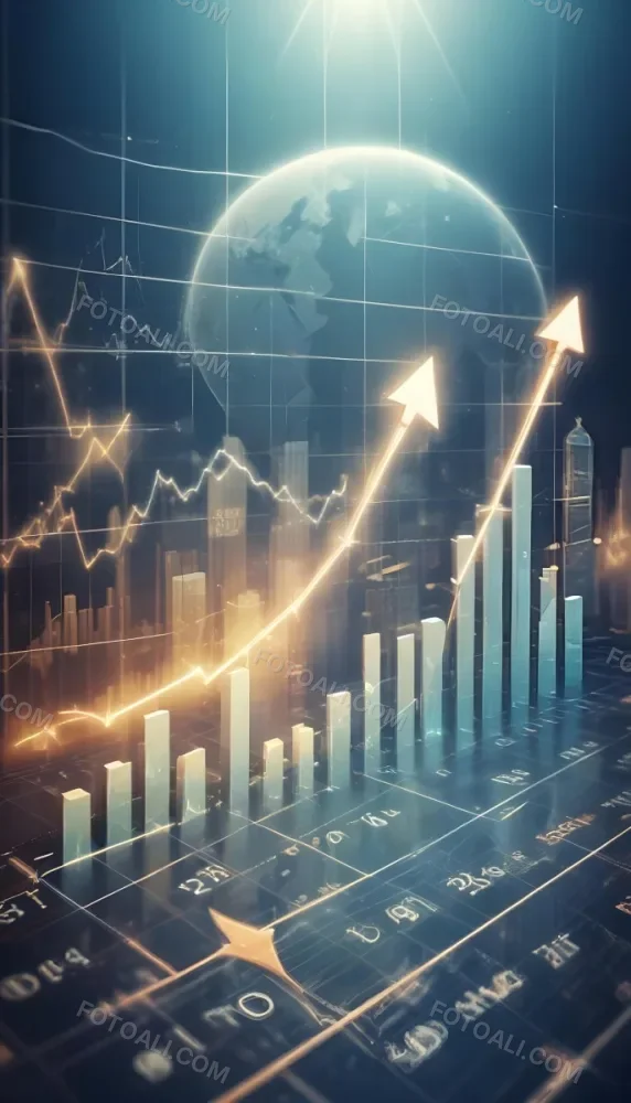 A Digital Illustration Depicting A Global Financial Market With A World Map Stock Charts And Financial Symbols Like Dollar Signs The Image Shows A Rising Trend Line And Upward Arrow Suggesting Growth And Economic Prog 11 88c1