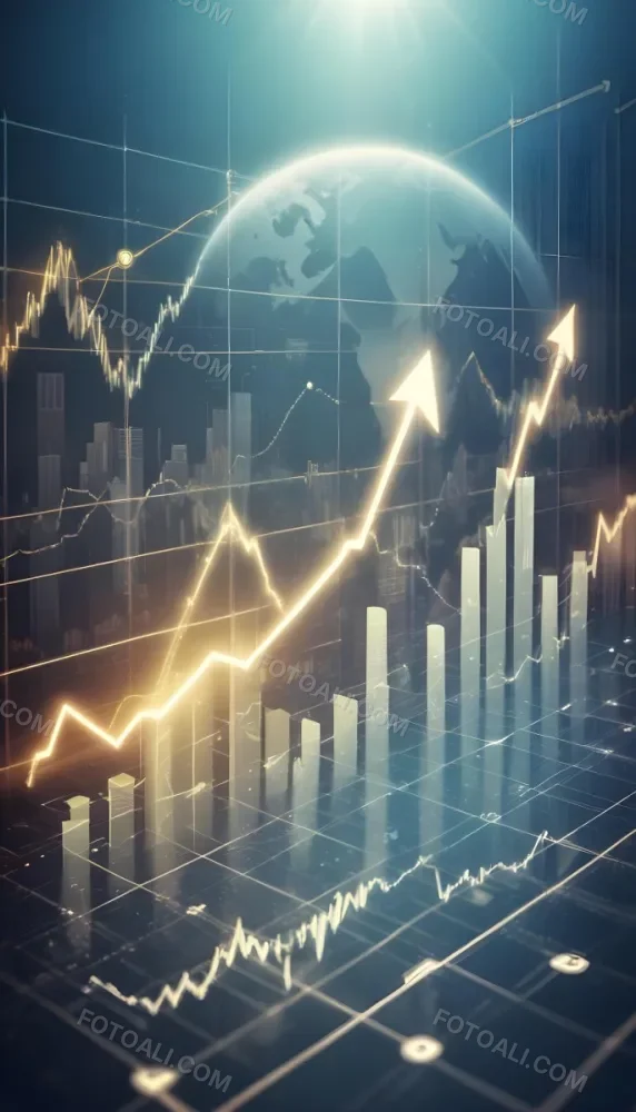 A Digital Illustration Depicting A Global Financial Market With A World Map Stock Charts And Financial Symbols Like Dollar Signs The Image Shows A Rising Trend Line And Upward Arrow Suggesting Growth And Economic Prog 12 E61a