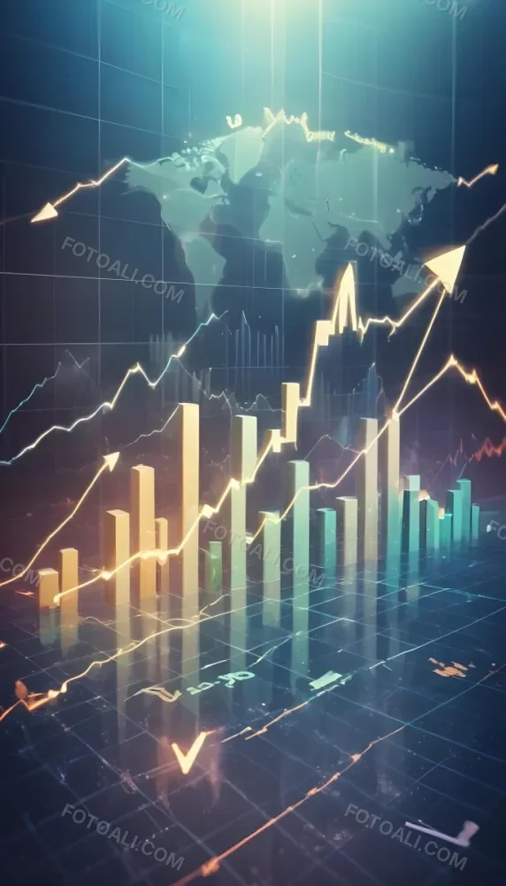 A Digital Illustration Depicting A Global Financial Market With A World Map Stock Charts And Financial Symbols Like Dollar Signs The Image Shows A Rising Trend Line And Upward Arrow Suggesting Growth And Economic Prog 13 6953