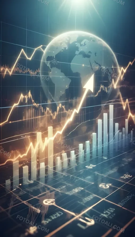 A Digital Illustration Depicting A Global Financial Market With A World Map Stock Charts And Financial Symbols Like Dollar Signs The Image Shows A Rising Trend Line And Upward Arrow Suggesting Growth And Economic Prog 17 Ee47