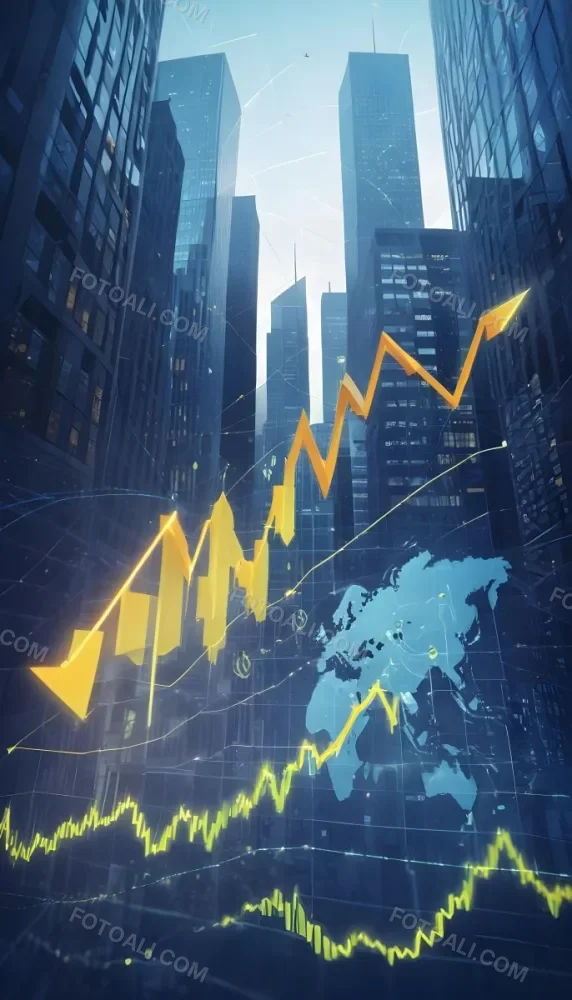 A Digital Illustration Depicting A Global Financial Market With A World Map Stock Charts And Financial Symbols Like Dollar Signs The Image Shows A Rising Trend Line And Upward Arrow Suggesting Growth And Economic Prog 4 Eea5